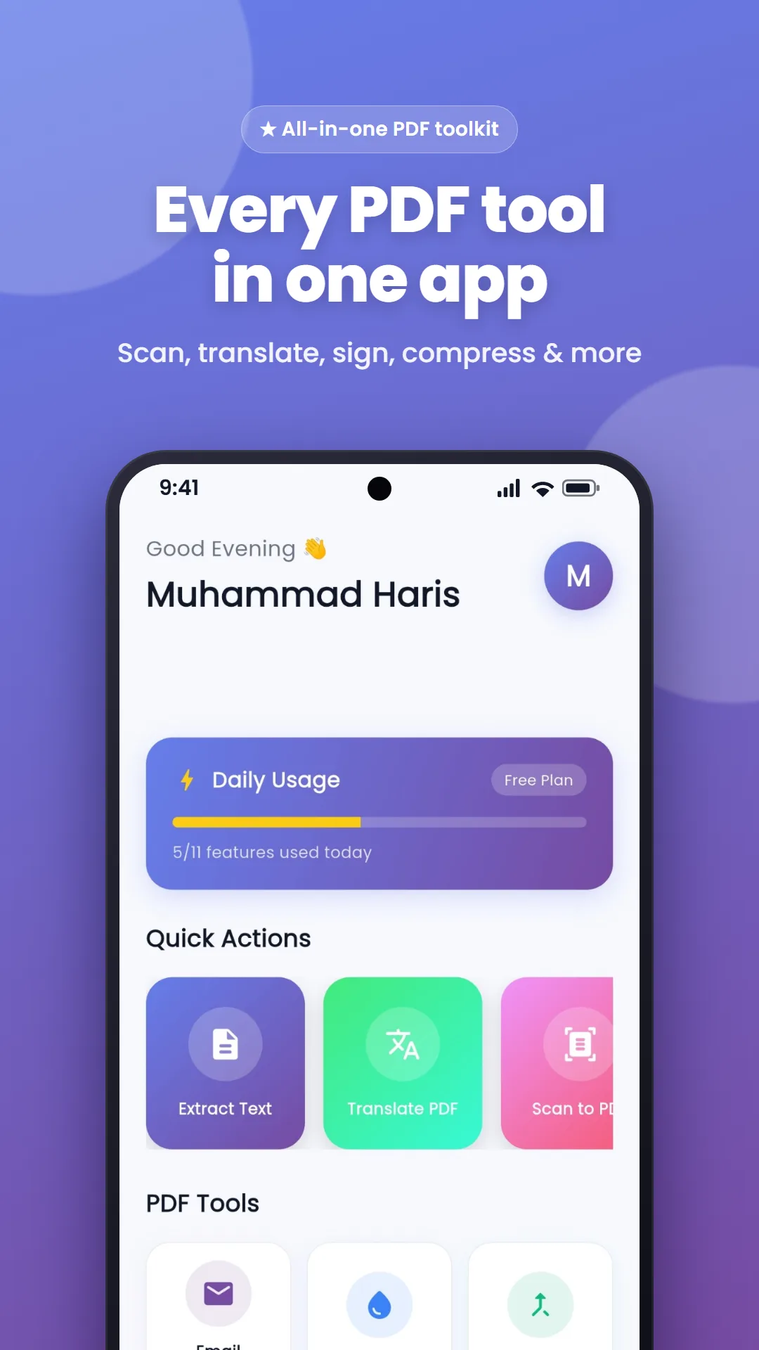 PageMate: Every PDF tool in one app: the home screen with quick actions