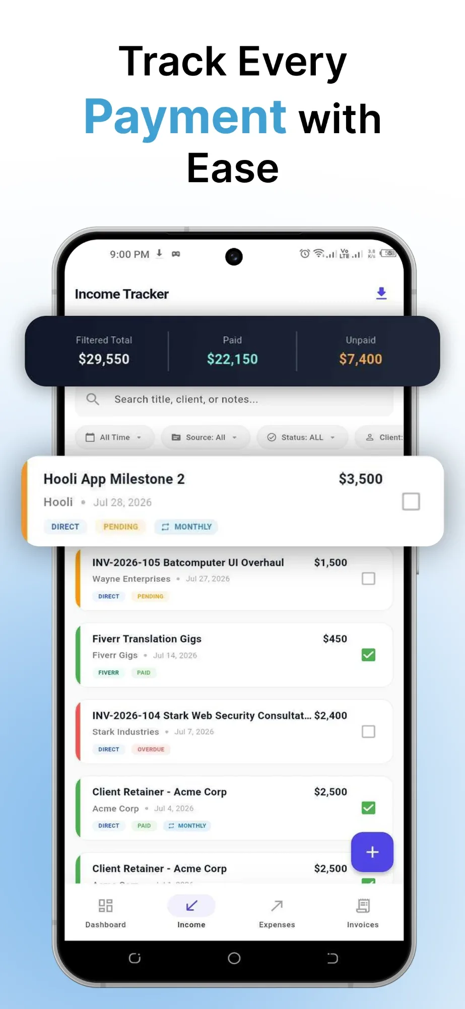 Freelance Finance: Track every payment as paid, pending or overdue