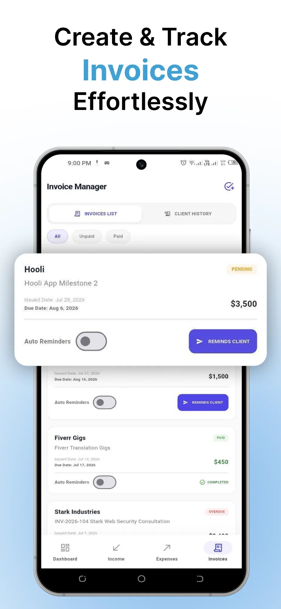 Freelance Finance: Create invoices and remind clients when they are due
