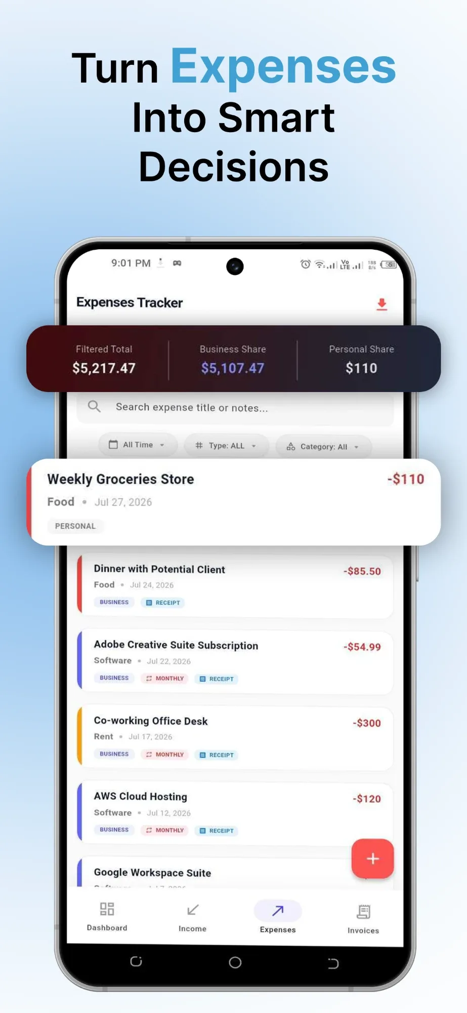 Freelance Finance: Track business and personal expenses by category